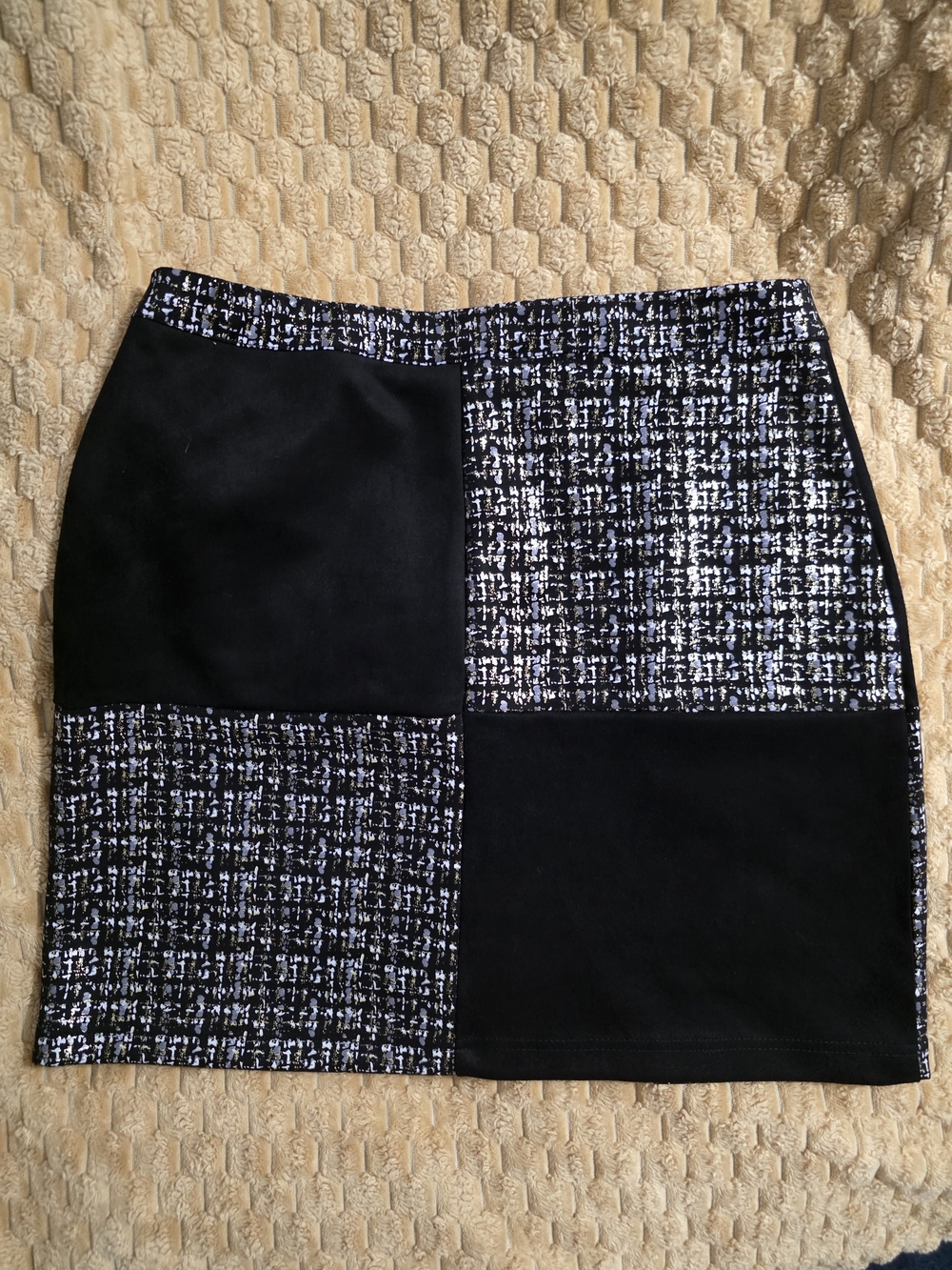 Black Patchwork Tweed Mini Skirt